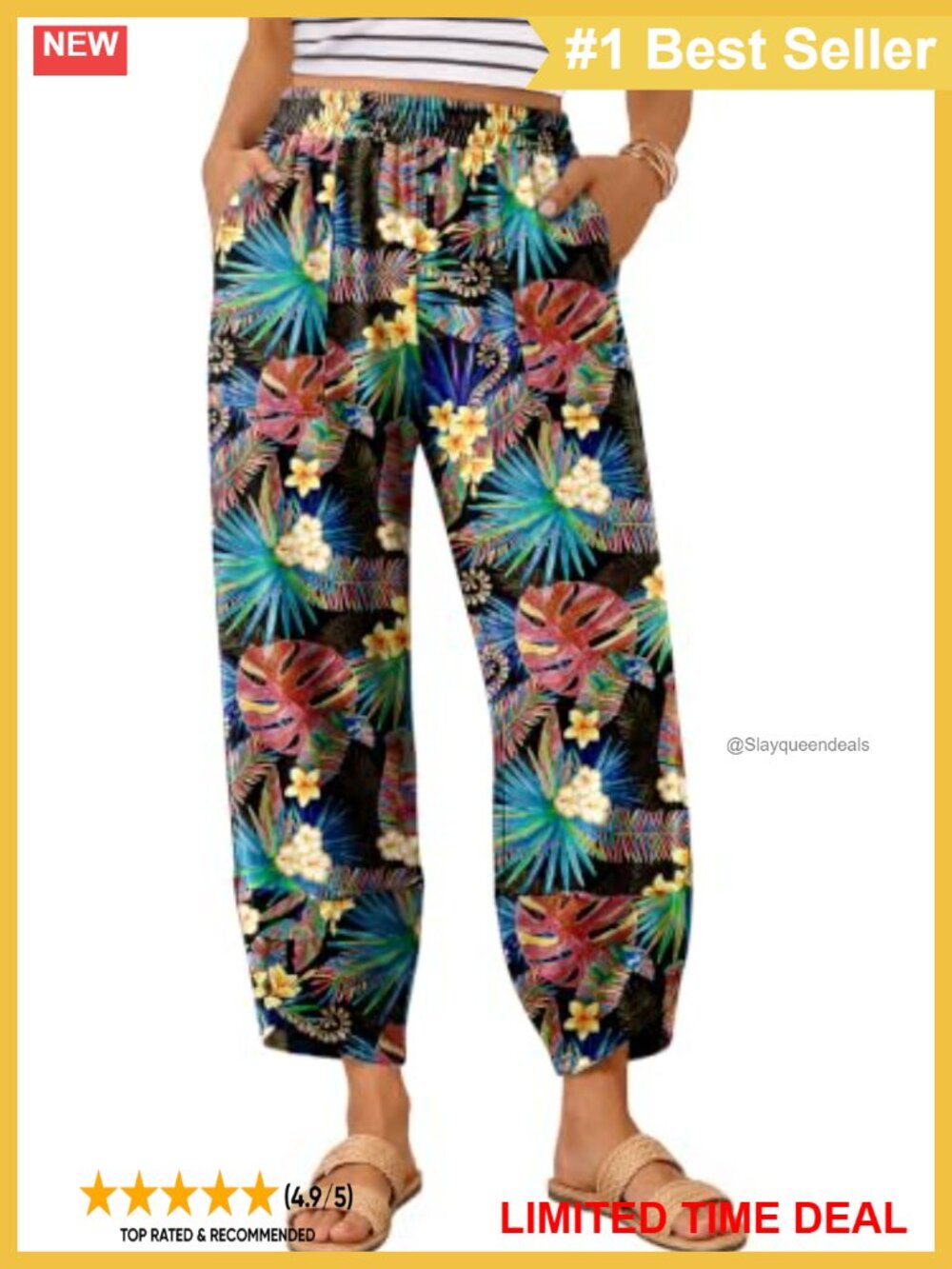 Wide Leg Capri Palazzo Harem Pants with Pockets and Elastic Waist